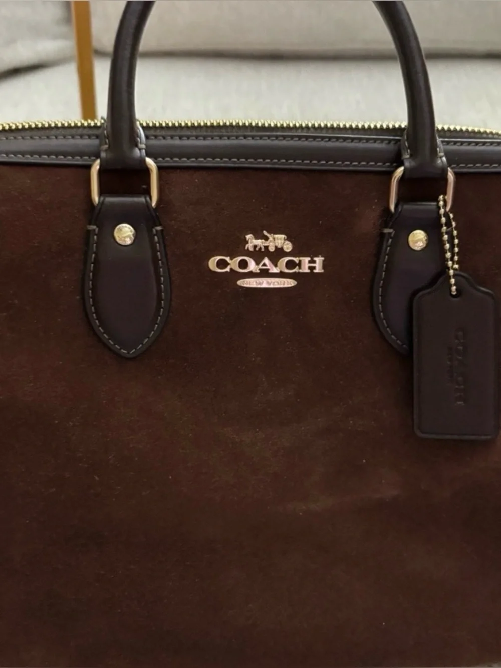 Coach Brown Suede Satchel with Dark Brown Leather Trim and Gold Hardware